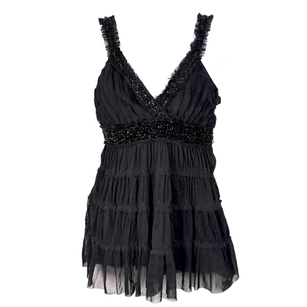 Vintage Y2K Black Ruffle Lace Babydoll Cami Top S Coquette Dark Fairy Whimsigoth - Picture 2 of 9